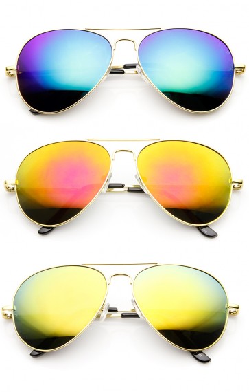 Classic Metal Teardrop Color Mirror Lens Aviator Sunglasses w/ Spring Hinges