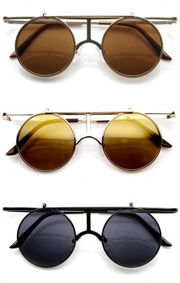 Metal Crossbar Flip-Up Lens Retro Circle Round Sunglasses