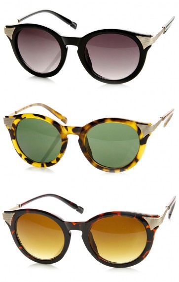 Mod Fashion Metal Temple Keyhole Round Horn Rimmed Sunglasses