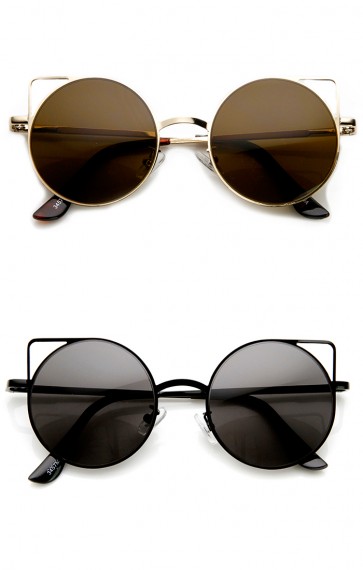 Womens Thin Metal Cut-Out Geometric Round Cat Eye Sunglasses