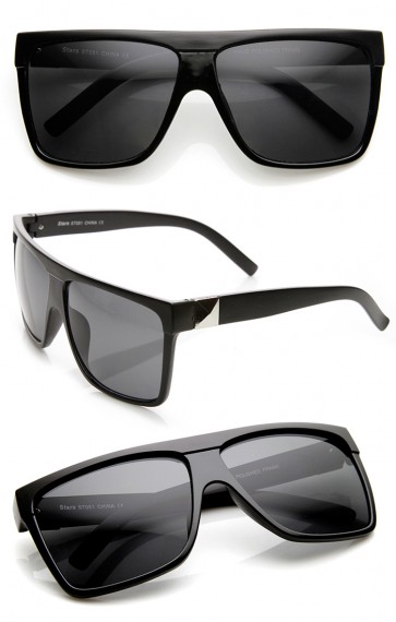 Large Retro Black Square Flat Top Aviator Sunglasses