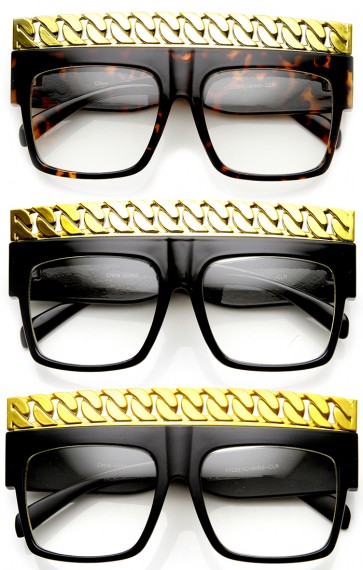 High Fashion Bold Chain Top Square Clear Lens Sunglasses