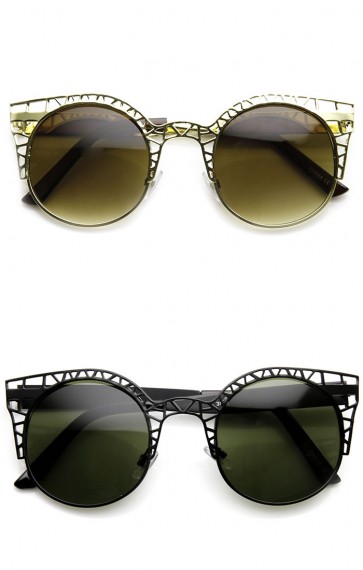 High Fashion Metal Cut Out Hollow Out Frame Round Cat Eye Sunglasses