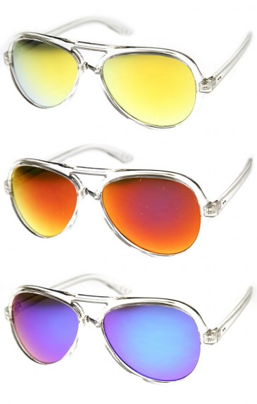 Crystal Clear Frame Teardrop Flash Mirror Color Lens Aviator Sunglasses