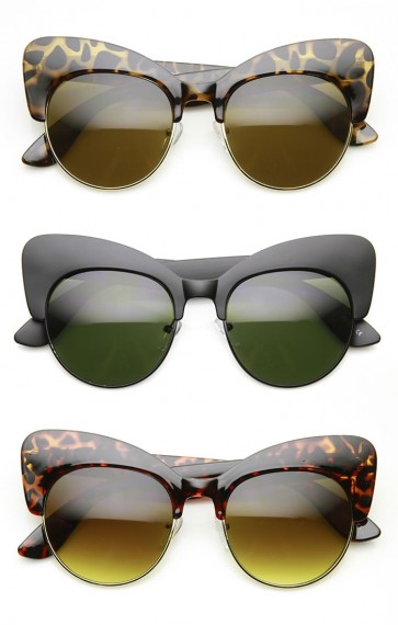 Womens Oversized High Fashion Semi-Rimless Glam Cat Eye Sunglasses