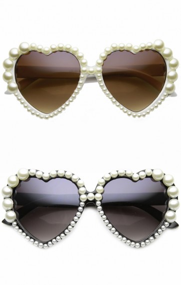 Womens Oversized Full Pearl Decorated Frame Heart Shaped Sunglasses