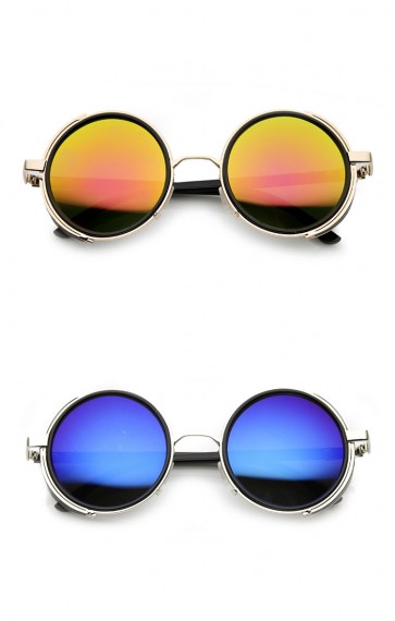 Side Shield Studio Cover Color Flash Mirror Lens Round Sunglasses