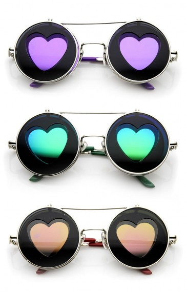 Flip-up Color Mirrored Heart Cut-out Flash Lens Sunglasses