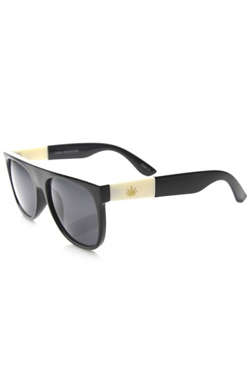 Retro Flat Top Gold Detailed Marijuana Weed Leaf Horn Rimmed Sunglasses