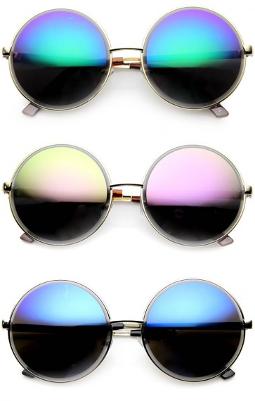 Womens Oversized Metal Etched Lens Flash Mirror Round Sunglasses