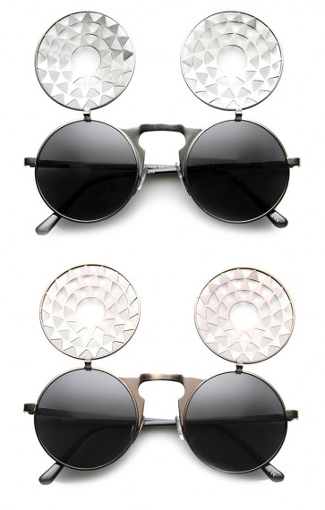 Retro Steampunk Metal Flip-Up Star Burst Oculus Round Sunglasses