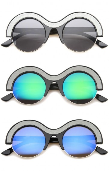 Futuristic Bold Semi-Rimless Two-Tone Thick Brow Round Sunglasses 49mm