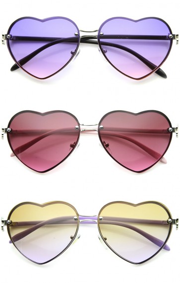 Women's Rimless Frame Flower Accent Heart Shape Oversize Sunglasses 62mm