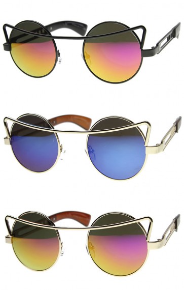 Womens Metal Round Sunglasses With UV400 Protected Mirrored Lens