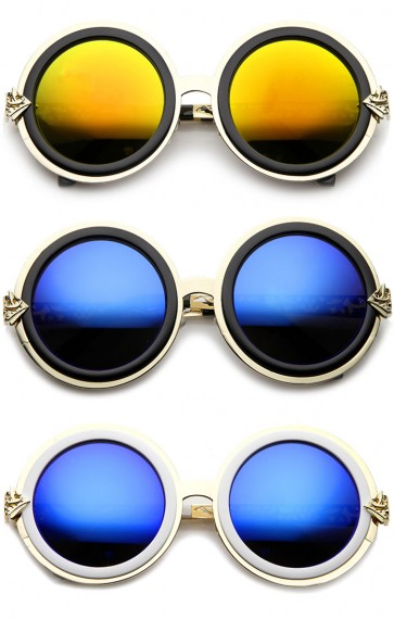 Bold Metal Ornate Cutout Temple Mirror Lens Round Sunglasses 54mm