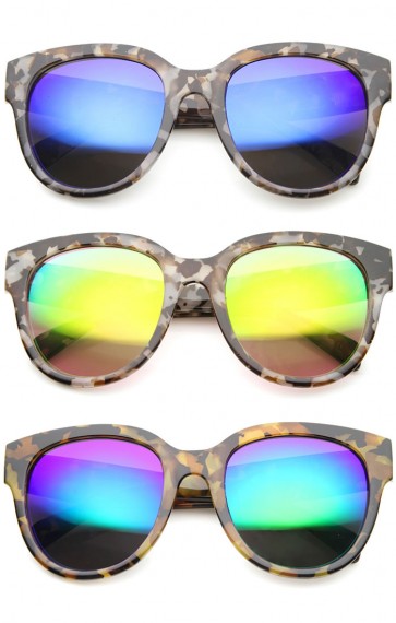 Oversize Block Tortoise Thick Frame Mirror Lens Round Horn Rimmed Sunglasses 55mm
