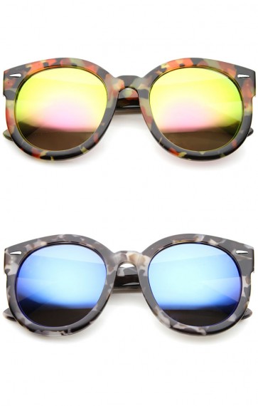 Modern Block Tortoise Thick Frame Mirror Lens Oversize Round Sunglasses 52mm