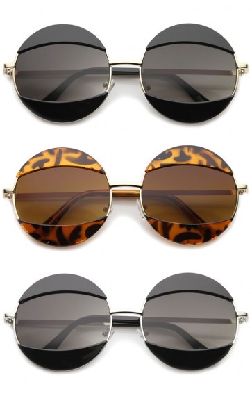 Women's High Fashion Eyelid Metal Frame Oversize Round Sunglasses 58mm