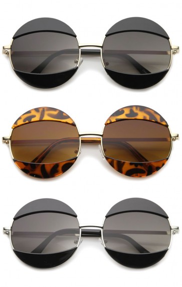 Women's High Fashion Eyelid Metal Frame Oversize Round Sunglasses 58mm