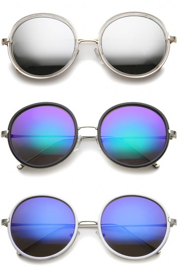 Retro Metal Temple Color Mirror Lens Oversize Round Sunglasses 53mm