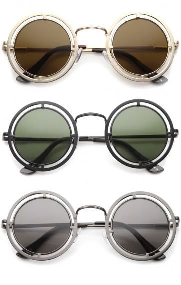 Futuristic Metal Cutout Frame Flat Lens Oversize Round Sunglasses 44mm