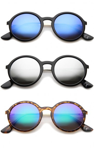 Mid Sized Modern Metal Temple Mirror Lens Round Sunglasses 49mm