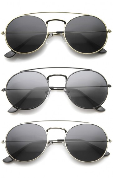 Retro Fashion Minimal Thin Metal Brow Bar Round Sunglasses 52mm