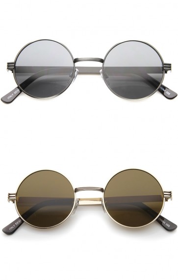 Retro Fashion Metal Textured Frame Flat Lens Round Sunglasses 50mm