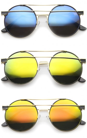 Modern Metal Frame Double Bridge Colored Mirror Lens Round Sunglasses 59mm