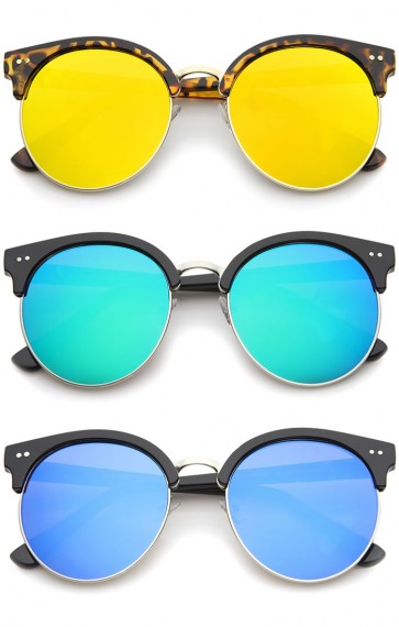 Womens Round Oversize Moon Cut Flash Mirror Flat Lens Half Frame Sunglasses