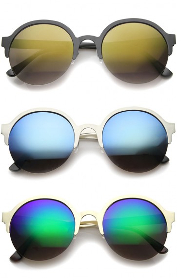 Modern Metal Half-Frame Color Mirrored Lens Round Sunglasses 55mm