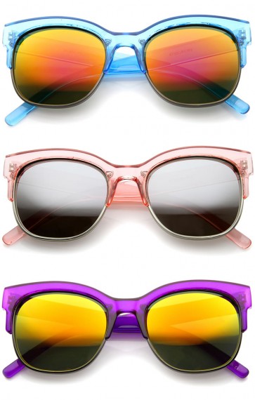 Bold Colorful Half-Frame Two-Toned Inset Mirrored Lens Horn Rimmed Sunglasses