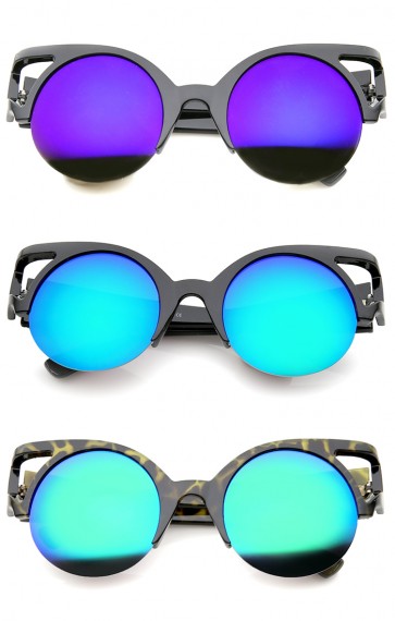 Women's Round Mirrored Lens Half Frame Cutout Cat Eye Sunglasses 50mm