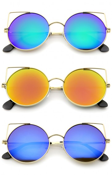 Women's Full Metal Cut Out Mirror Flat Lens Round Cat Eye Sunglasses 55mm