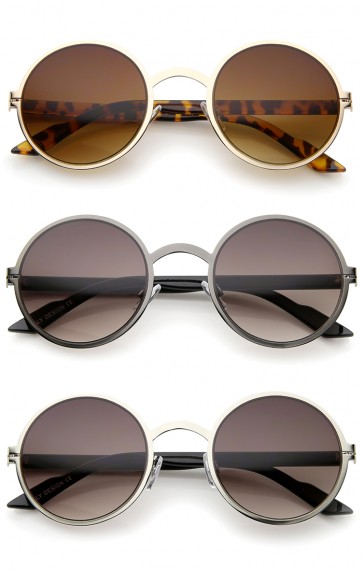 Lennon Style Modern Thin Metal Frame Cutout Detail Round Sunglasses 50mm