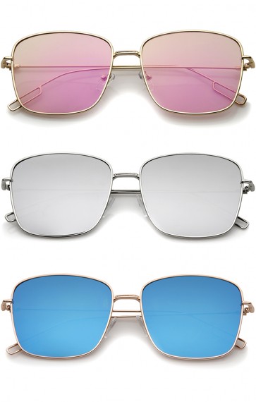 Minimal Wire Metal Frame Color Mirror Flat Lens Square Sunglasses 58mm
