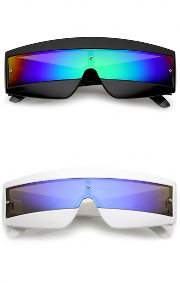 Futuristic Wide Temple Colored Mirror Mono Lens Shield Sunglasses 68mm