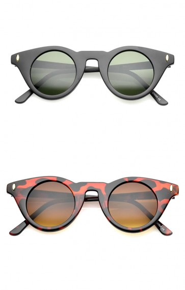 Women's Small Slim Temple Flat Round Lens Cat Eye Sunglasses