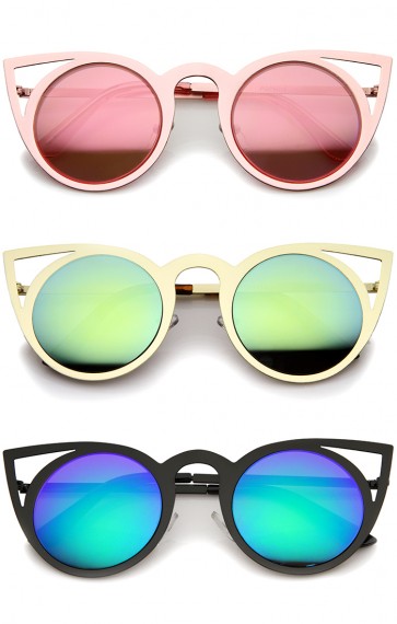 Womens Laser Cut Open Metal Mirror Lens Round Cat Eye Sunglasses 48mm