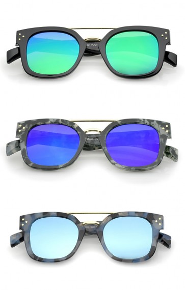 Modern Horn Rim Metal Crossbar Square Flat Mirrored Lens Aviator Sunglasses 48mm