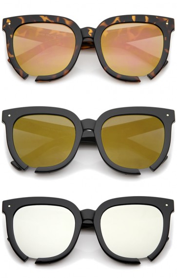 Oversize Notch Detail Square Colored Mirror Flat Lens Horn Rimmed Sunglasses 54mm