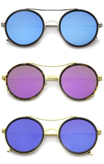 Classic Metal Double Nose Bridge Colored Mirror Flat Lens Round Sunglasses 52mm