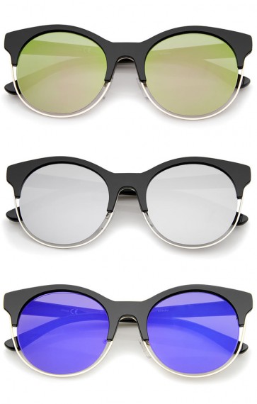 Half Frame Metal Trim Colored Mirror Round Cat Eye Sunglasses 53mm
