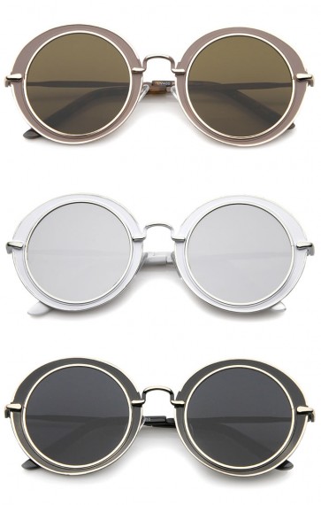 Modern Metal Frame Matte Border Colored Mirror Flat Lens Round Sunglasses 48mm