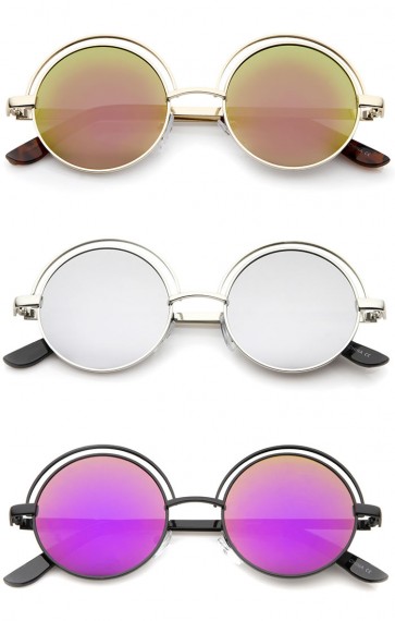 Retro Open Metal Colored Mirror Flat Lens Round Sunglasses 48mm