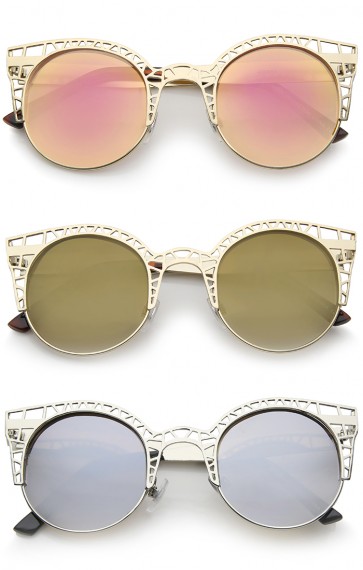 Women's Metal Cut Out Frame Colored Mirror Lens Round Cat Eye Sunglasses 48mm