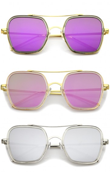 Modern Slim Temple Browbar Color Mirrored Flat Lens Square Sunglasses 52mm