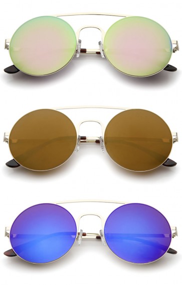 Modern Slim Frame Double Nose Bridge Colored Mirror Flat Lens Round Sunglasses 53mm
