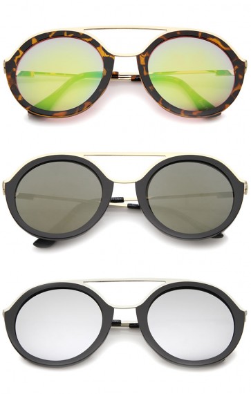 Modern Metal Double Nose Bridge Colored Mirror Lens Round Sunglasses 52mm