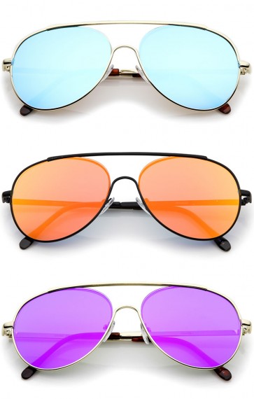 Classic Brow Bar Semi-Rimless Colored Mirror Lens Aviator Sunglasses 57mm